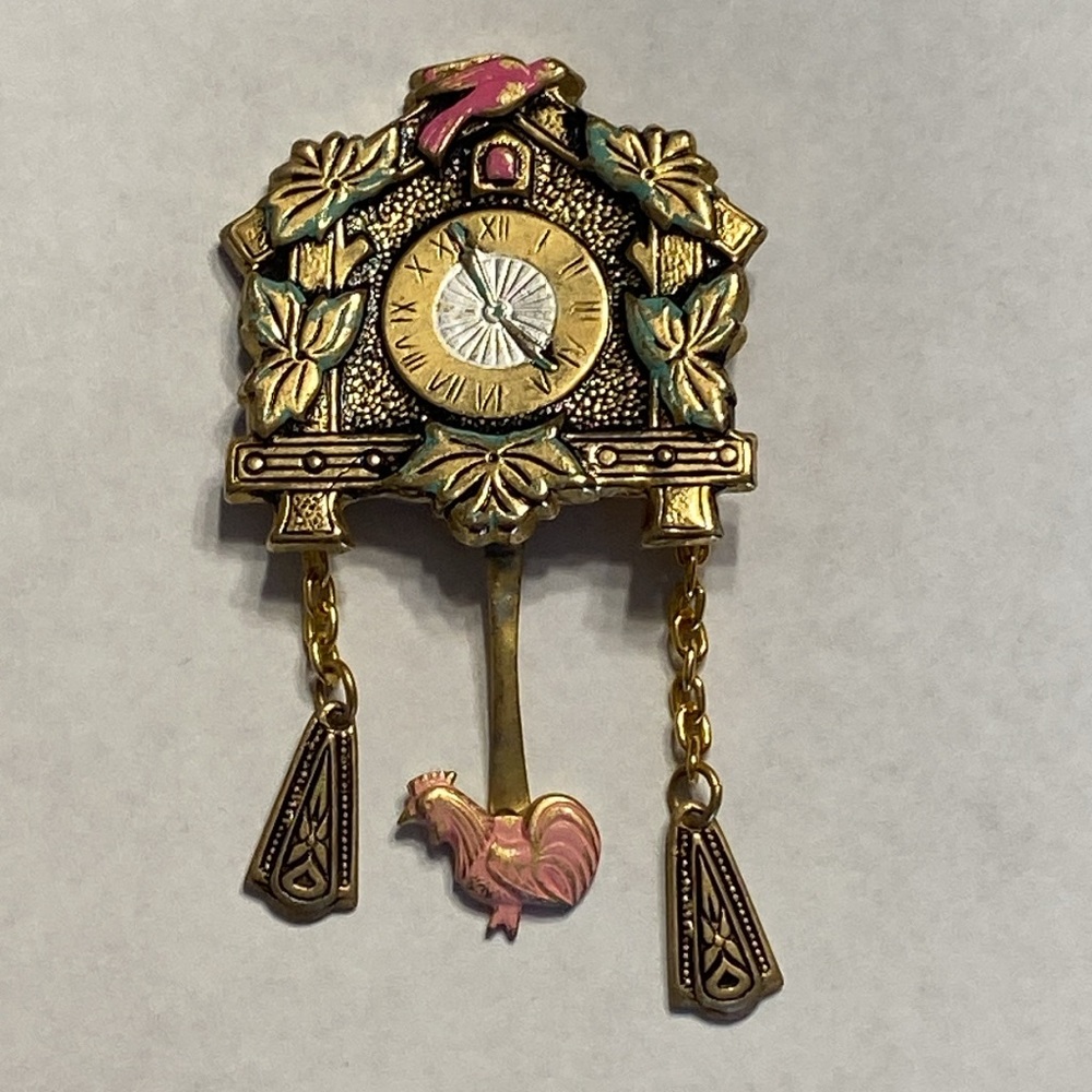 Vintage Spain Gold Tone Cuckoo Clock Brooch Pin